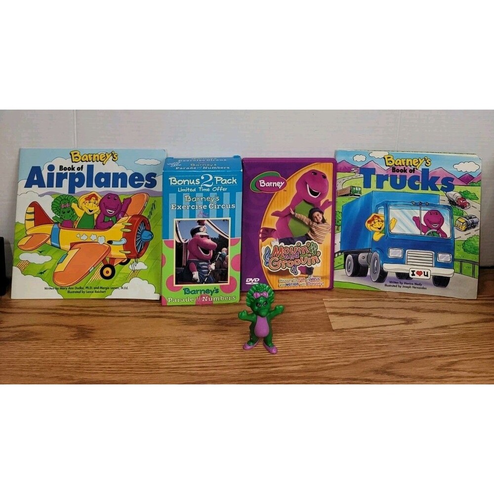 VTG. BARNEY BUNDLE DVD VHS BABY BOP FIGURE 2 BOOKS TRUCKS AND AIRPLANES CIRCUS